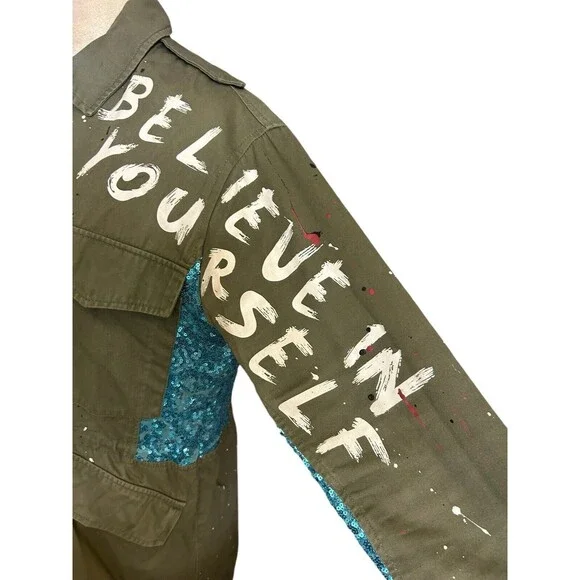 Zara Trafaluc Anorak Utility Jacket Army Green Sequin Embroidered Full Z… - Picture 10 of 13